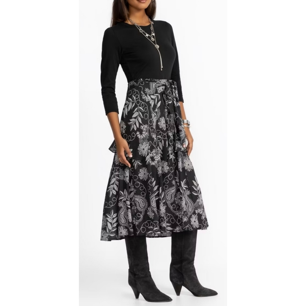 Johnny Was Mixed Media Wrap Tie Dress Black White 3/4 Sleeves Size XL